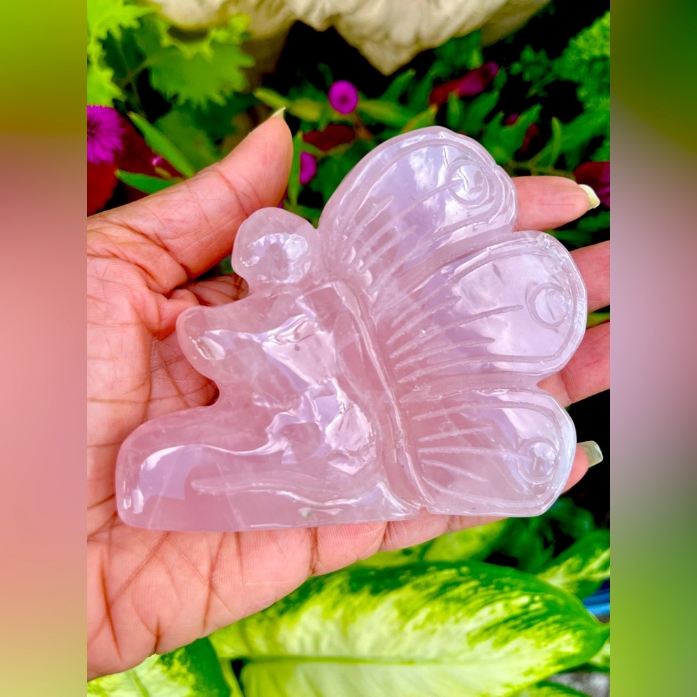 Hand Carved Rose Quartz Butterfly Goddess